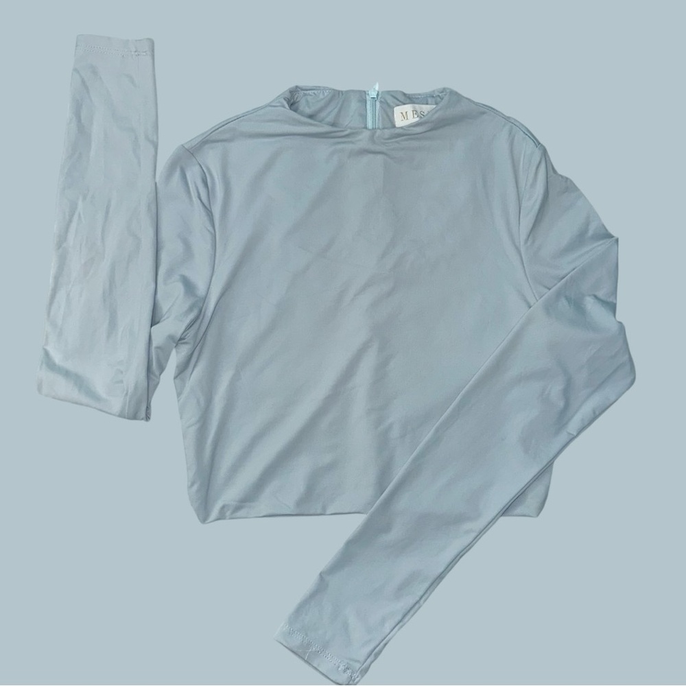 Meshki dusty blue mock neck long sleeve top